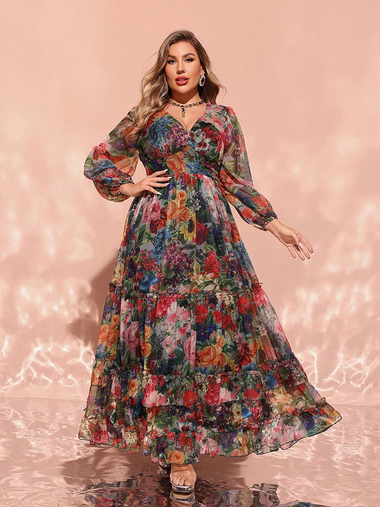 Toleen 2024 Nieuwe Lente Zomer Casual Elegante Formele Partij Maxi Jurken Plus Size Vrouwen Gebreide Bloemenprint V-Hals Lantaarn Mouw Jurk