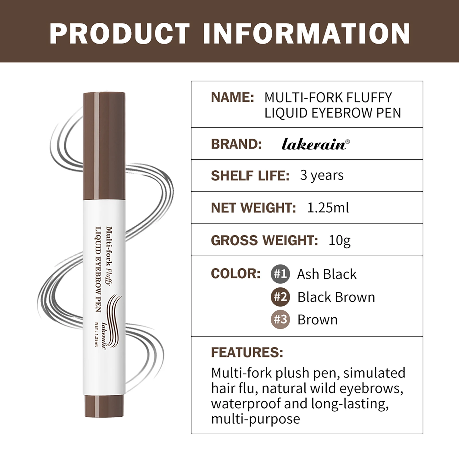 MLSMILE 4 couleurs stylo à sourcils étanche 4 fourchettes pointe sourcil cosmétique longue durée naturel brun foncé liquide crayon à sourcils