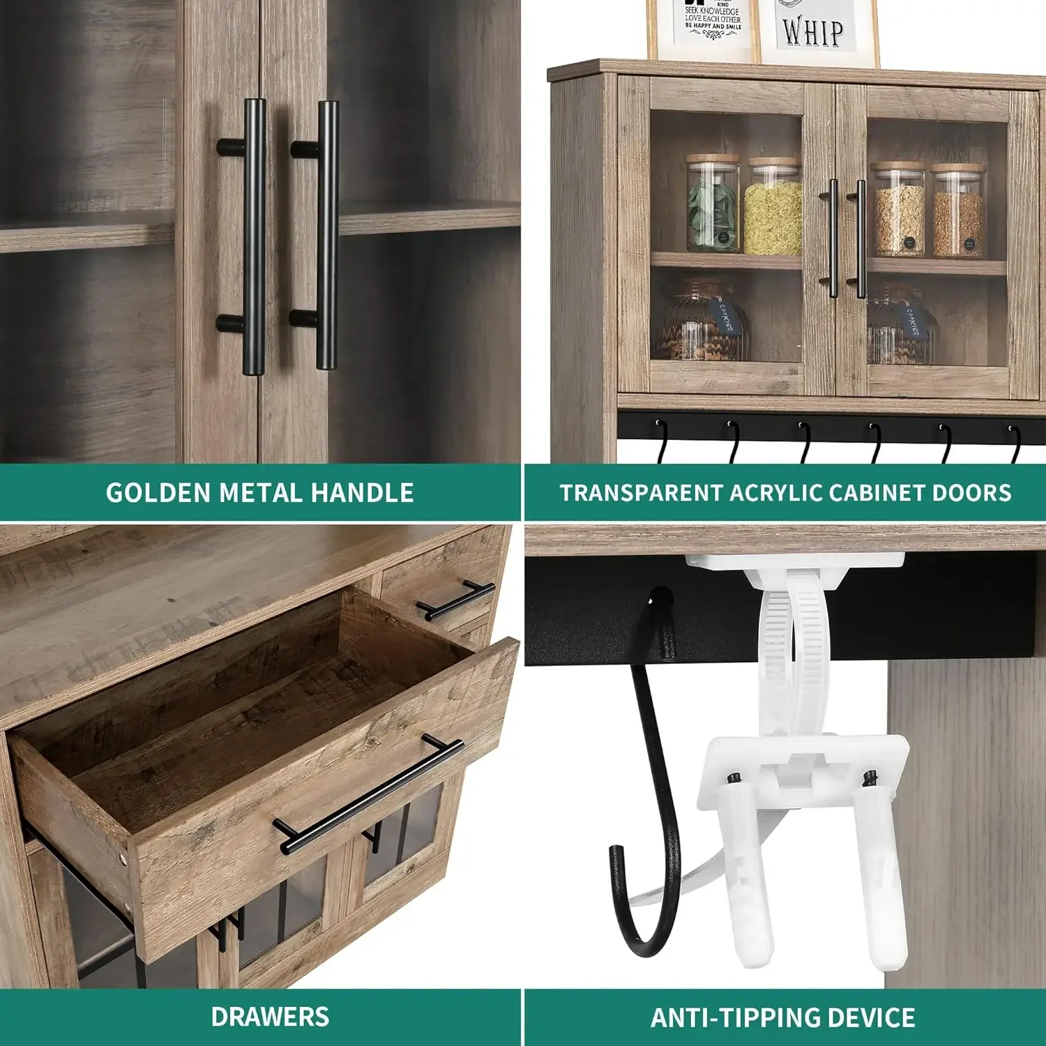 71" Farmhouse Kitchen Pantry Storage Cabinet with Power Outlet, Freestanding Hutch Cabinet