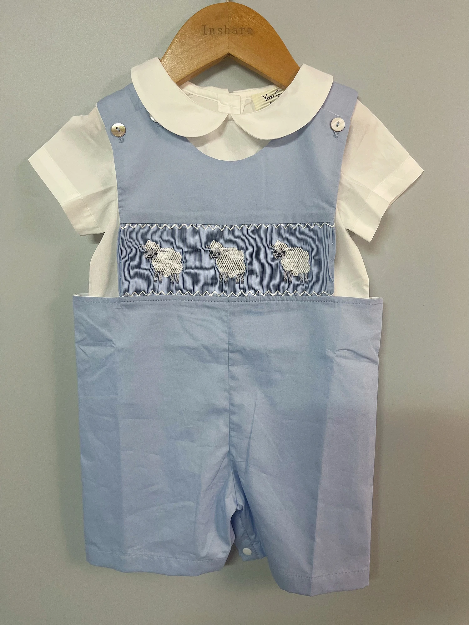 Children Boutique Clothing Summer Girls Flying Sleeves Handmade Smoked Bubble Blue Romper Sheep Embroidered Cute Siblings Outfit