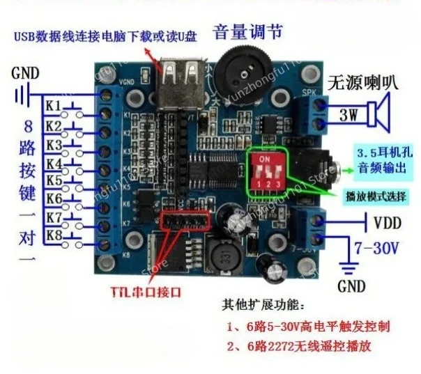 12V/24V voice module MP3 audio playing board sound broadcast module USB copy BY-F610