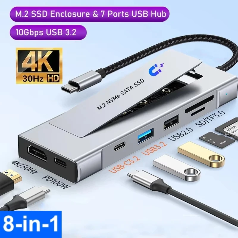 8 in 1 USB Hub M.2 NVME SATA SSD Enclosure Storage USB3.2 Type-c to HDMI-Compatible Laptop Dock Station USB Adapter For Laptop