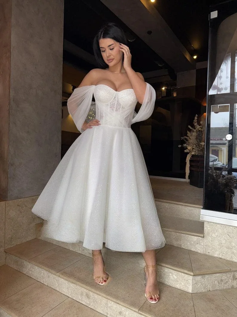 Vestido de novia con corsé Elopement, vestidos de novia largos hasta el té, vestido de despedida de soltera corto y brillante, vestido de novia sencillo