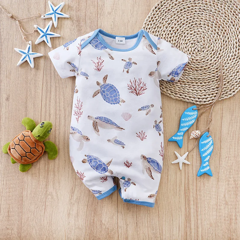 Newborn Baby Clothes Boy Blue turtle print Jumpsuit Summer Short Sleeve Romper 0-18month Infant Toddler Pajamas One Piece Outfit