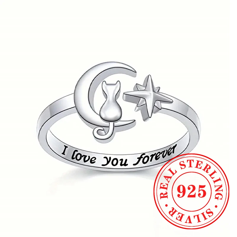 Huitan 925 anelli di apertura in argento Sterling Unique Moon Star Cute Cat Design anelli da dito per le donne gioielli d\'amore romantico miglior