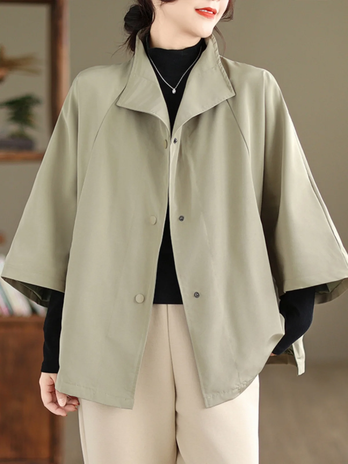 

Ladies Loose Fit Spring Autumn Outerwear Ele Lazy Sle ort Coat Cardigan V-Ne Seven Sve Batwing Sve Coat