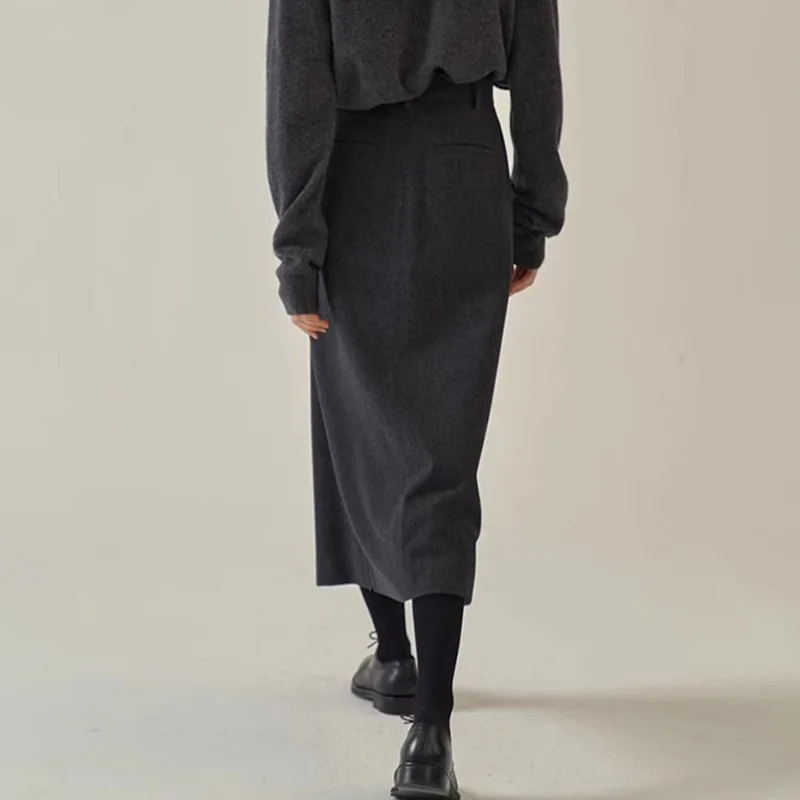 Spódnica damska HKSH Jesień Zima Nowa Kolekcja Asymetryczny Krój Jednolity Kolor Koreańska Elegancka Spódnica Biurowa w Kształcie Litery A z Wełny HK11744
