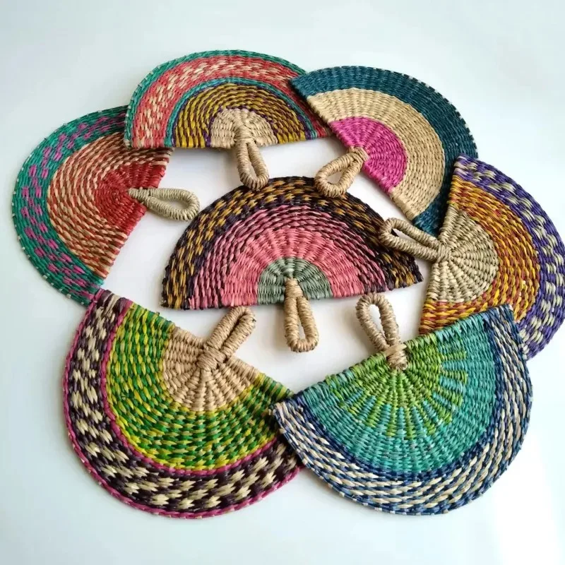 S/L Size Hand-woven Straw Fan Decorative Handmade Semicircular Woven Fan Summer Handheld Cooling Fan Gift Home Decor