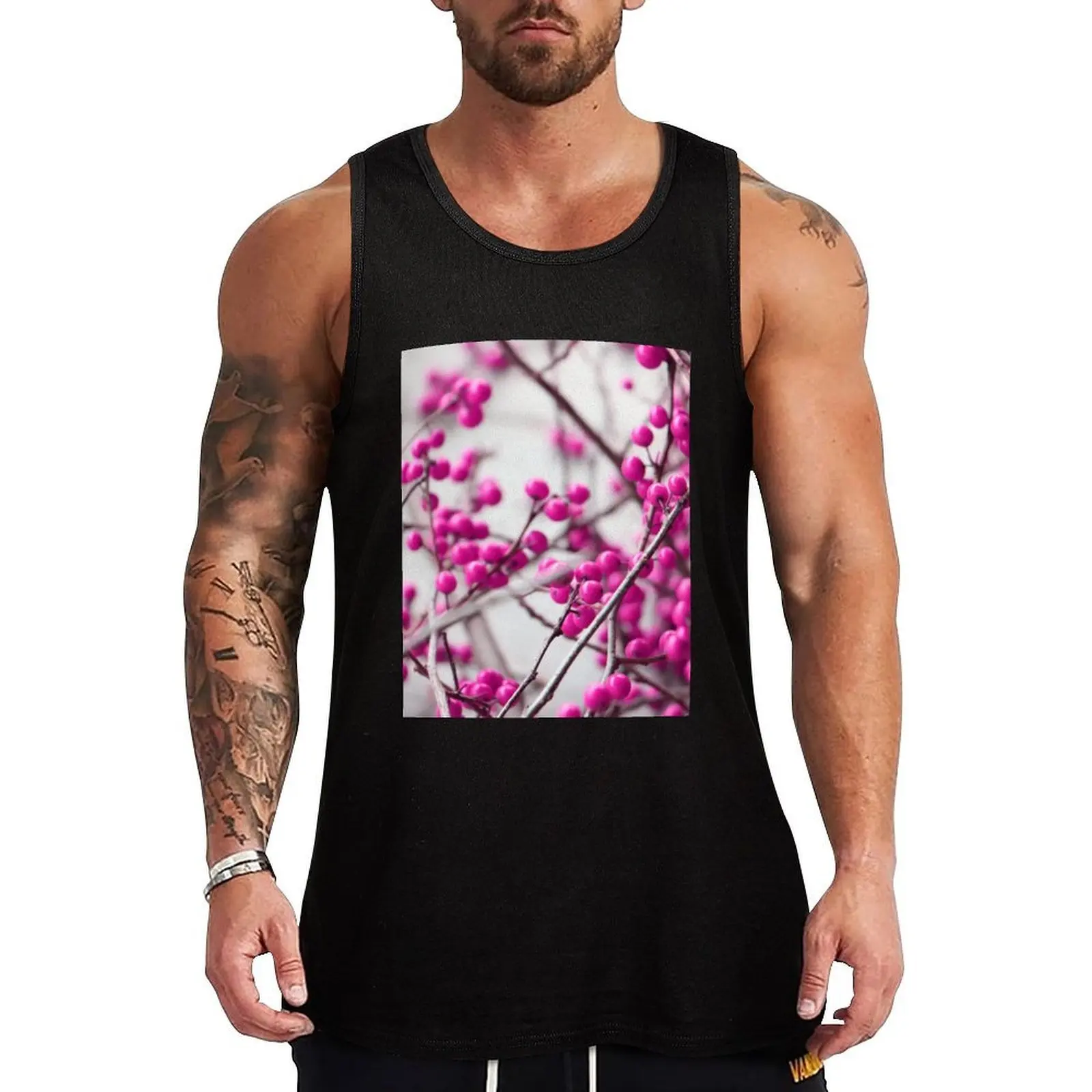 

Pink berries on branches - natural decor Tank Top gym clothes man fitness plain t-shirt mens gym clothes Gym T-shirts for men
