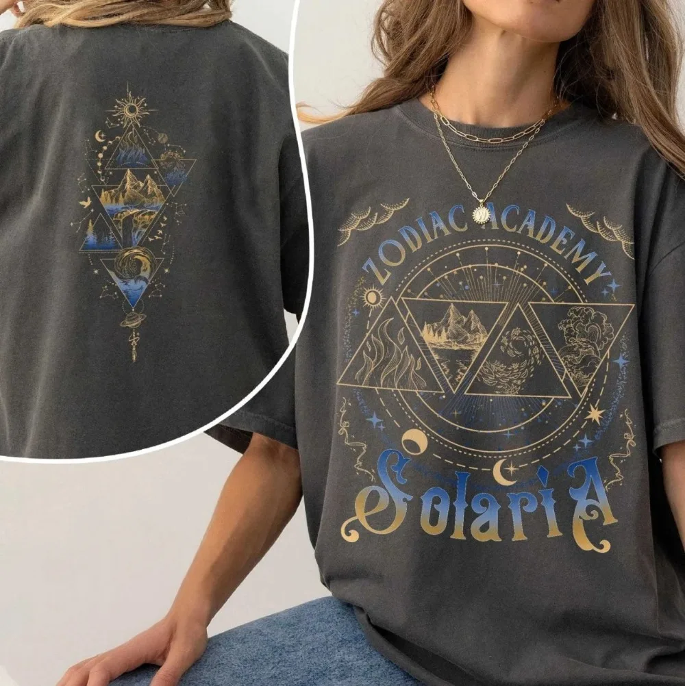 

Футболка с рисунком Академии Зодиака, рубашка с изображением астрологии и магии для любителей фэнтези, идеальный подарок для любителей зодиака и книг