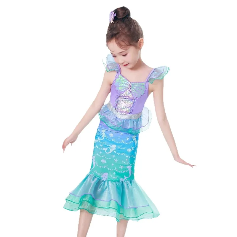 Mermaid Tutu Dress for Little Girls Summer Beach Vacation, Kids' Princess Dress with Ruffled Short Sleeves, Sequins and Tulle