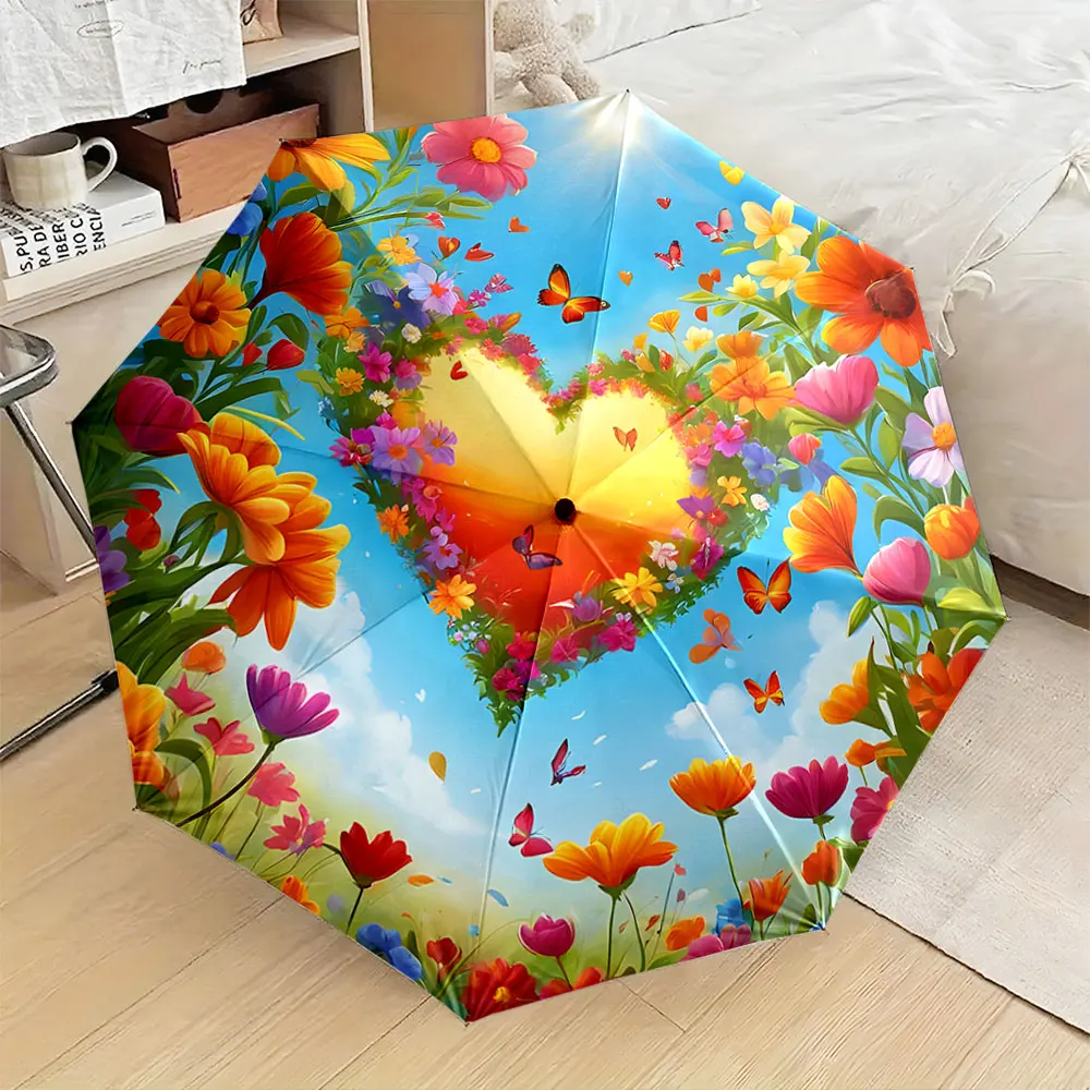 1PC Colorful Flower and Heart Design Umbrella Print 8 Iron Ribs Folding Umbrella Auto-Open Fashion Sunshade