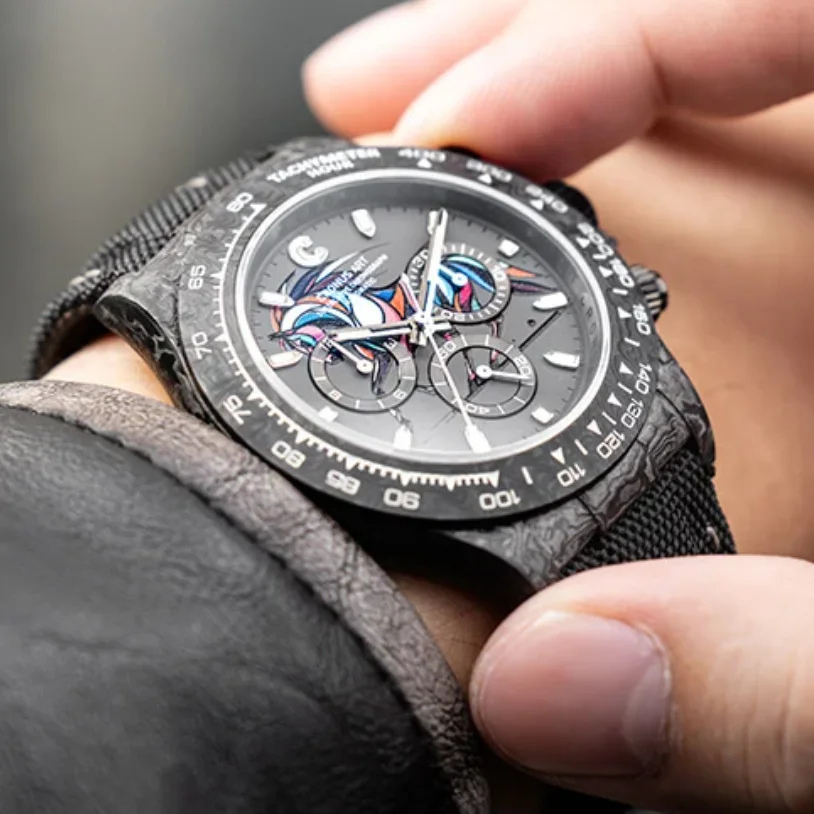 CRONUSART Men Chronograph Watch 40mm Automatic Mechanical Wristwatch Carbon Fiber Case Sapphire Mirror Luminous Horse Year Dial