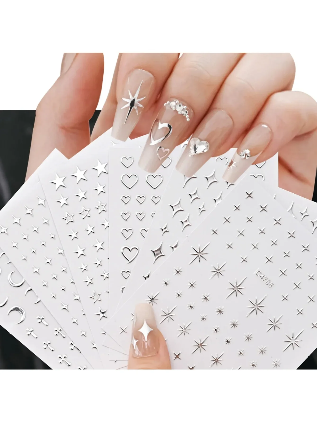 

6 Sheets Metal Silver Nail Stickers Metallic 3D Star Nail Art Stickers Decals Self-Adhesive Nail Art Stickers Metal Chain Heart