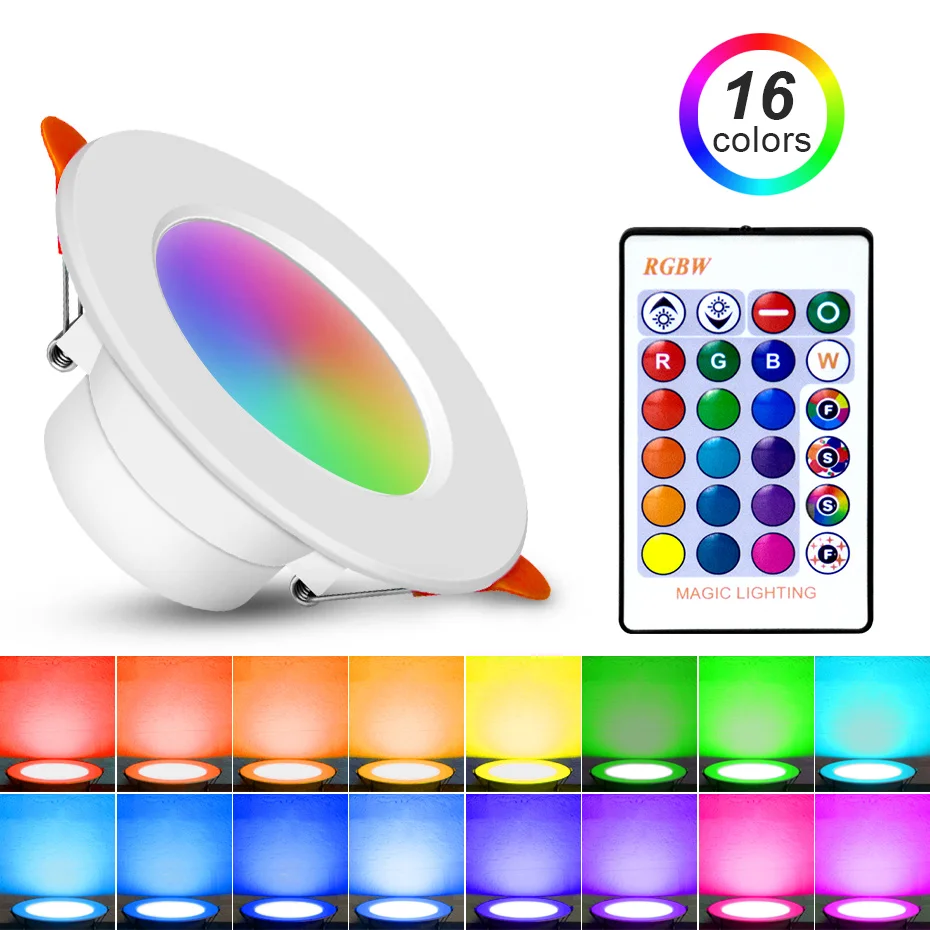 

Светодиодный потолочный светильник RGB с дистанционным управлением и регулируемой яркостью, светодиодный прожектор 10 Вт, 15 Вт, 110 В, 220 В, встраиваемый светильник с функцией памяти для домашнего освещения