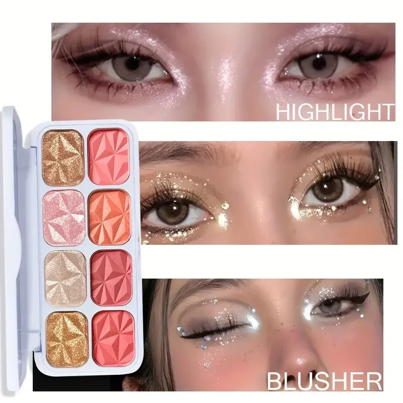 8色ブラッシュパレット、マット、ピンクブラッシュ、明るく長持ちするグリッターアイメイクアップ用のシマーシェード、ウォータープルーフ、カラフル