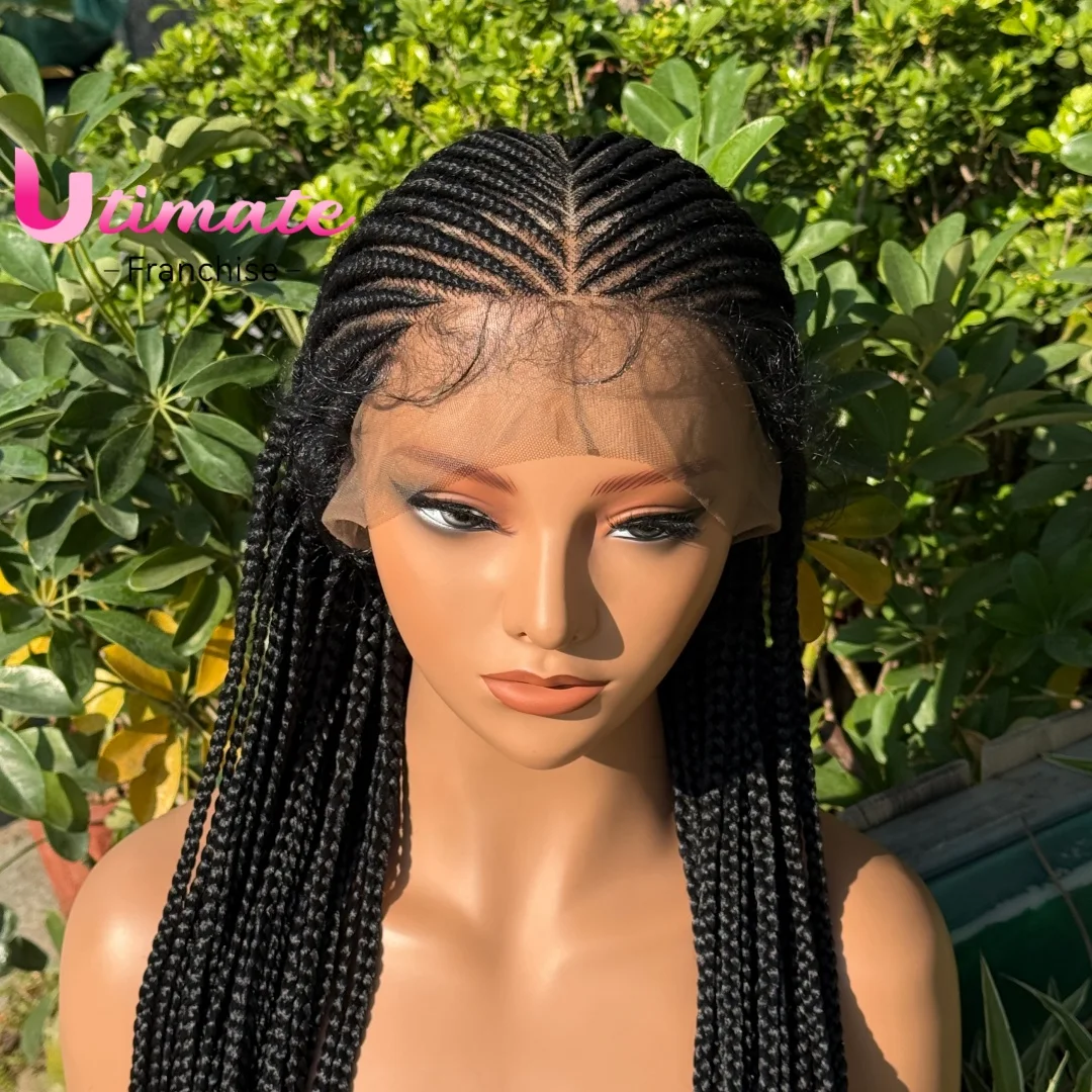 Perucas Trançadas Sem Nó, Tranças Fulani Sintéticas de 36 Polegadas, Peruca de Renda Completa Transparente com Cabelo de Bebê para Mulheres Negras