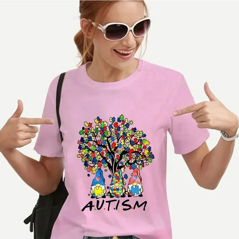 Autism Gnomes Tree Short Sleeve Tee Casual Ladies Fashion Streetwear Female Graphic Tops Women Clothing Autism Awareness T-shirt