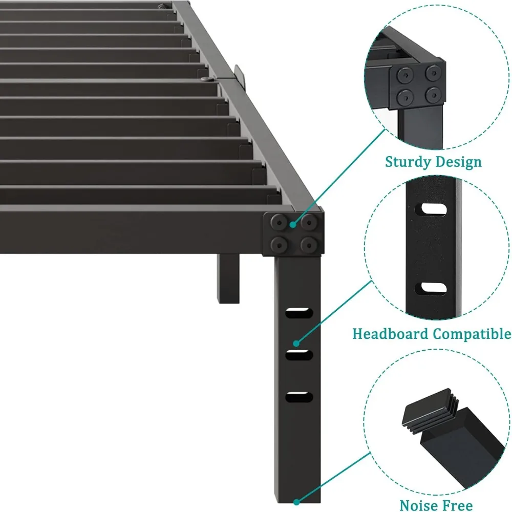 إطار سرير كوين معدني أسود مقاس 18 بوصة مع مساحة تخزين - لا يتطلب صندوق زنبركي، ودعم مرتبة غير قابل للانزلاق