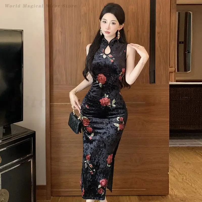 

Traditional Chinese Clothing Velvet Qipao Sexy Sleeveless Slim Cheongsam New Chinese Style Women's Dress Print Flower Vestidos