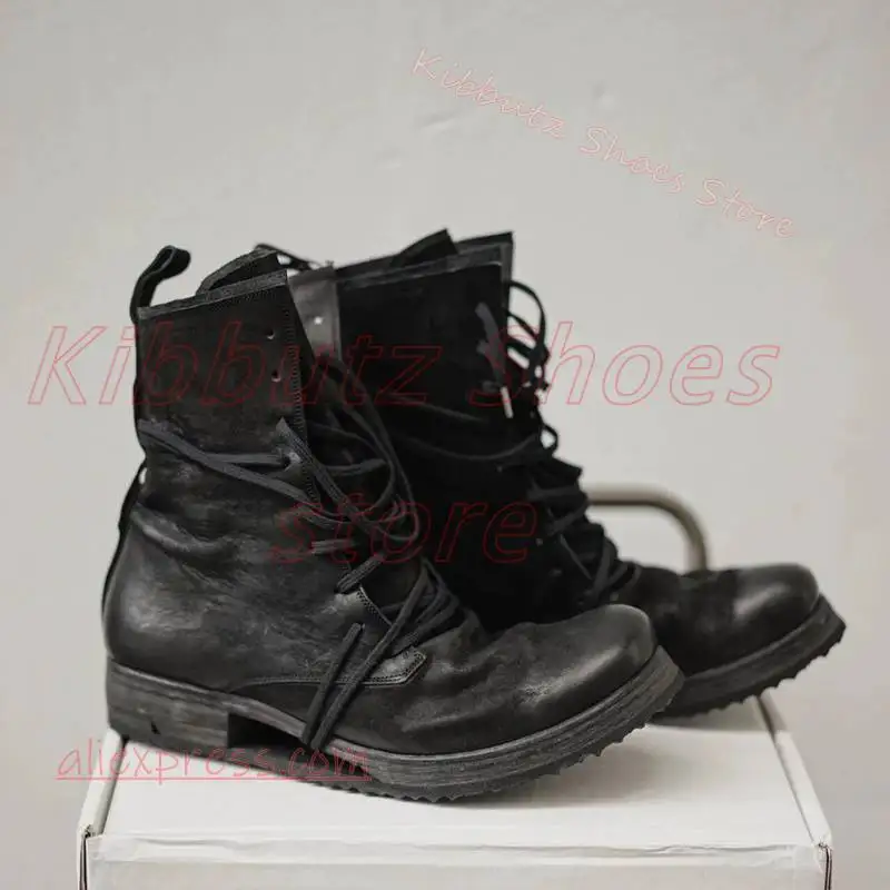 Vintage Ankle Boot Lace Up Leather Stack Block Sole Side Pull Tab Gothic Grunge Punk Casual Street Shoes Solid Color Fashion New