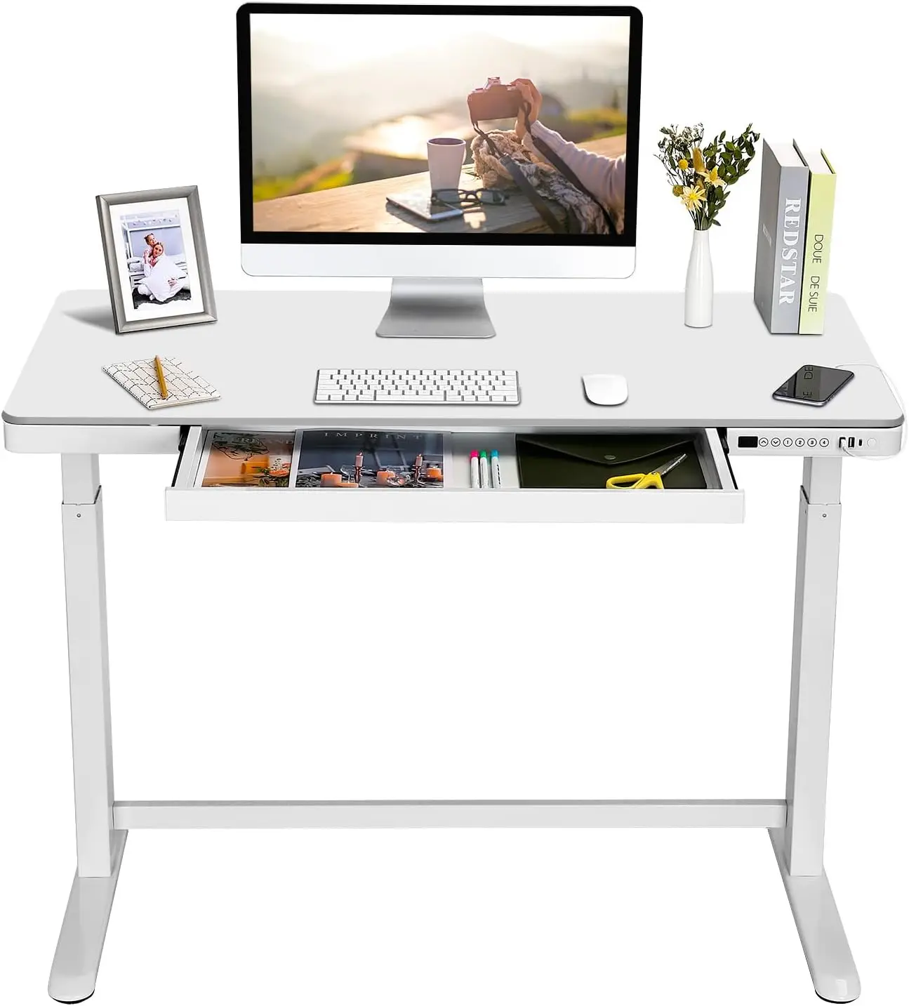 

SANODESK Standing Desk with Drawer, Electric Height Adjustable Home Office Desk with Storage & USB Ports,