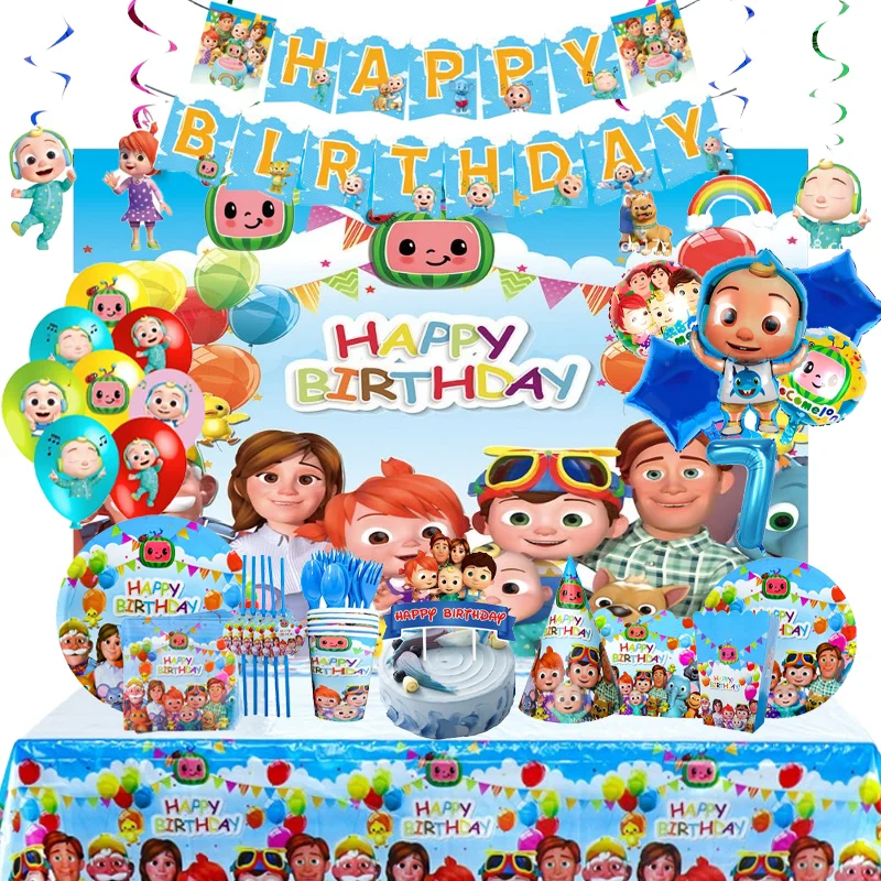 Décorations de fête à thème Cocomelons, décorations de réception-cadeau pour bébé, couverts et ballons jetables, accessoires de décoration de lieu, fournitures de vacances
