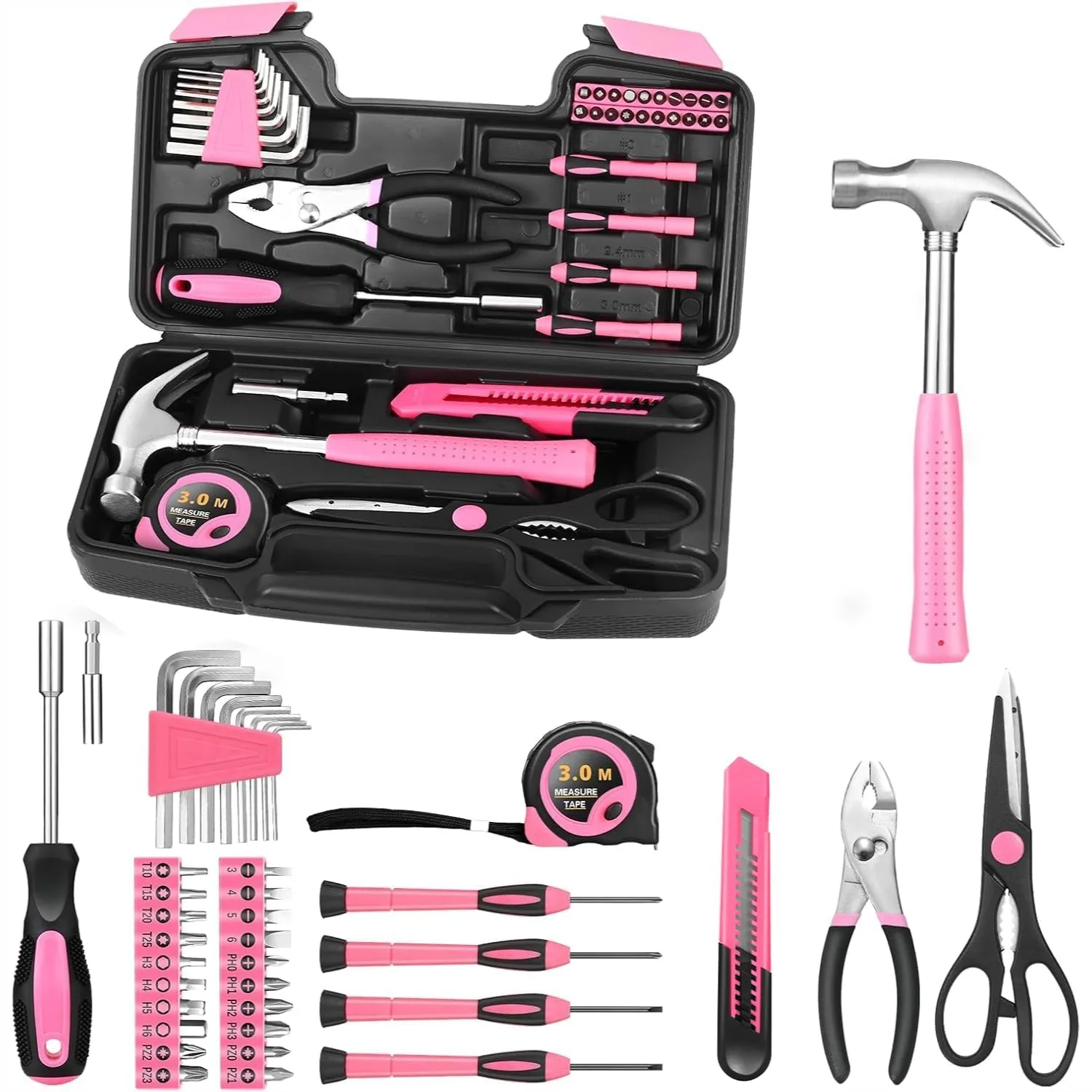 

39 Piece Pink Tool Set for Women, Household Hand Tool Kit with Plastic Storage Box