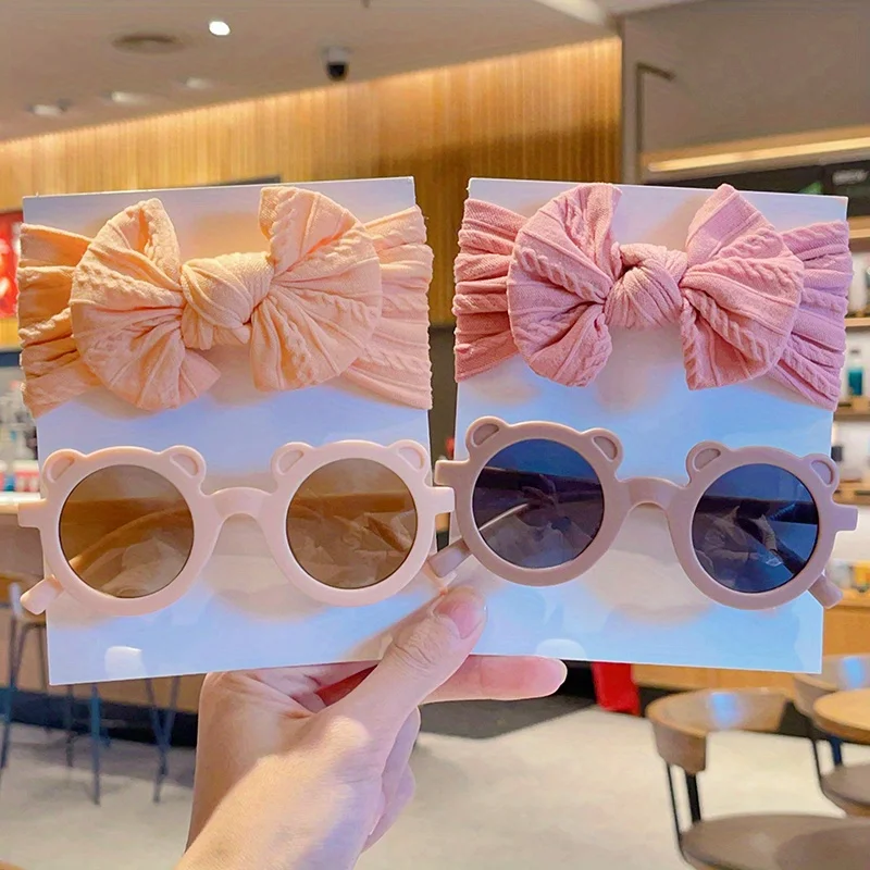 Toddler Baby Girls Boys Sunglasses & Bow Headband 2Pcs Set Cartoon Bear UV Protection Cute Kids Summer Beach Hair Accessories