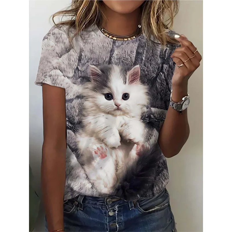 Funny Cat Pattern T-Shirt For Women Cute Pet Animal 3D Printed T Shirts Summer Fashion Tees Short Sleeves O-Neck Tops Streetwear