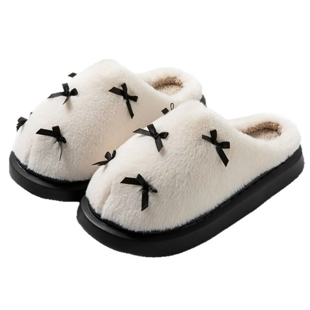 Windproof Soft Plush Couple Slippers Fluffy Slides Bow Winter Warmer Slippers Thickened Furry Warm Home Cotton Shoes Bedroom