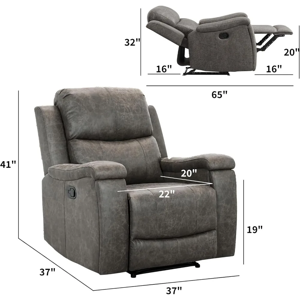 Leather Recliner Chair, Classic and Traditional Manual Recliner Chair with Overstuffed Arms and Back, Manual Sofa w/Cup Holders