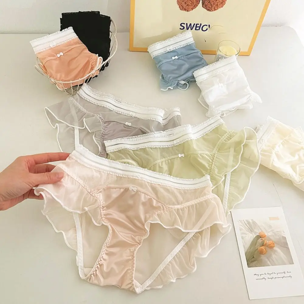 

2pcs Patchwork Satin Silk Panties Seamless Ruffle Lace Bowknot Briefs Women Lingeries Low Waist Women's Underpants Lady