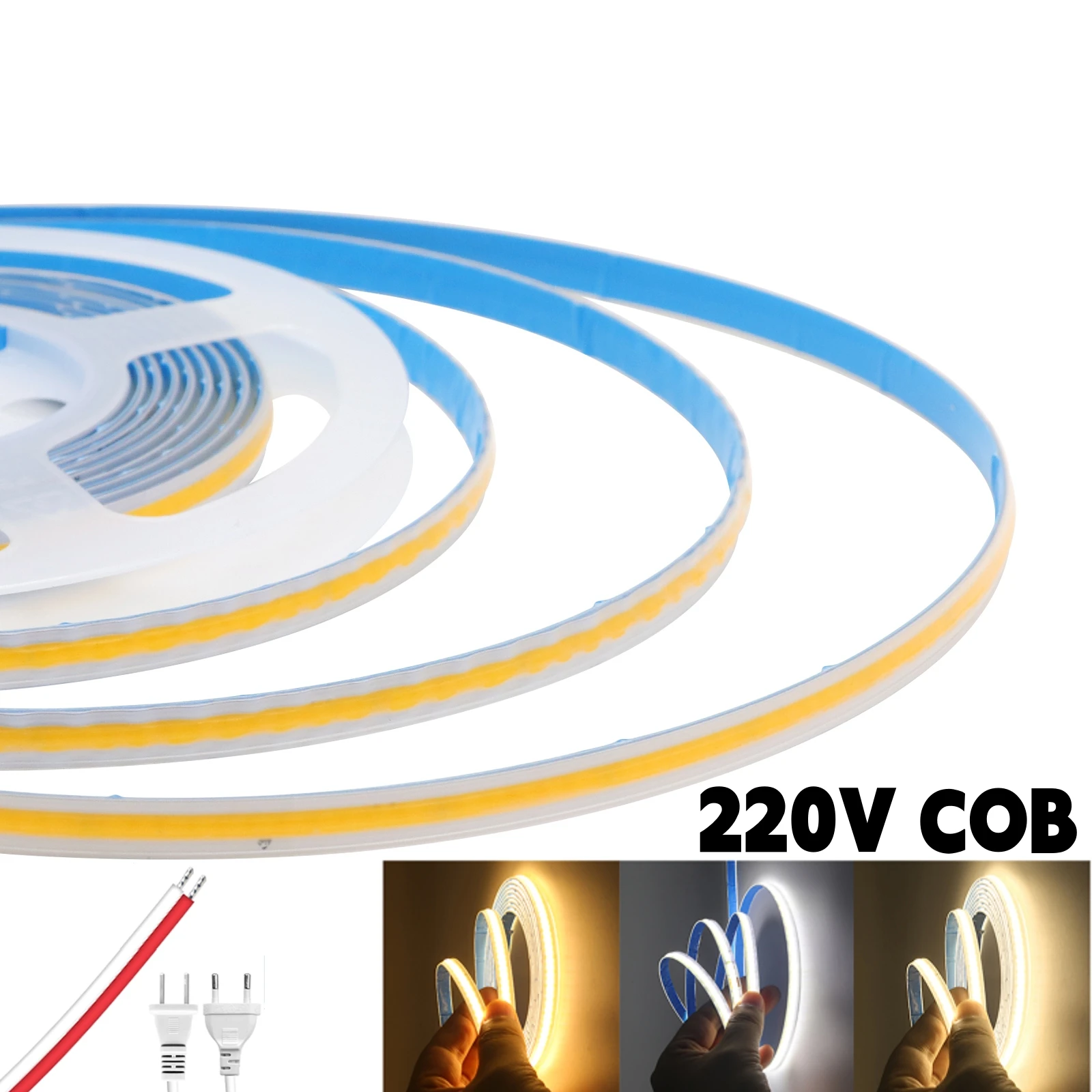 AC 110V 220V LED Strip Light COB 288LEDs/M Flexible IP67 Waterproof Adhesive Tape Rope Lamp With 2Pin Wire/EU US Power Plug