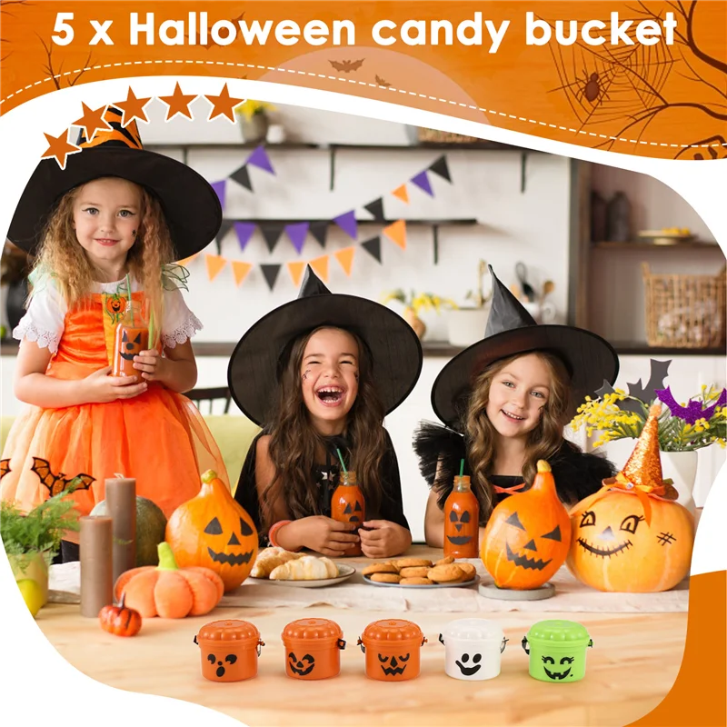 A04F-호박 미니 버킷 미니어처 할로윈 버킷 탈부착 가능한 뚜껑과 작동 가능한 손잡이 미니 트릭 (5개)