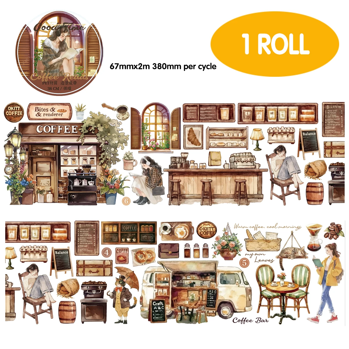 Etori Life67mm*2m Coffee Afternoon Tea PET Tape Sticker for Laptop Luggage Phone Cases Diy Decor Handbag Stickers Graffiti