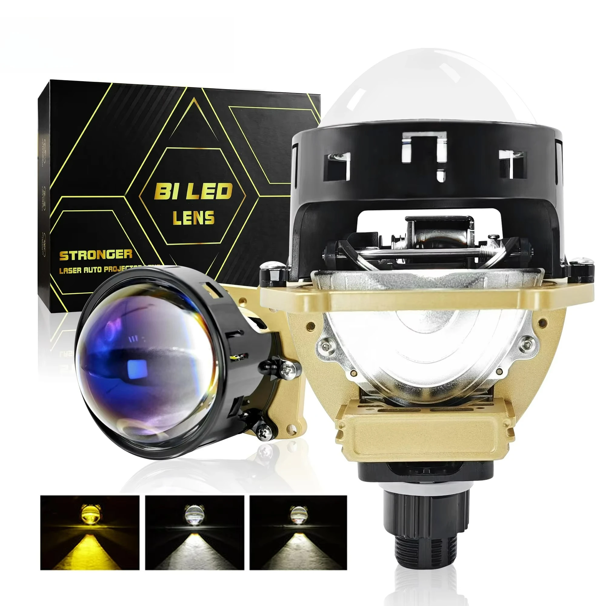 Newly designed 3-inch 110W dual LED projector lens, non-destructively mounted with tri-color, white, warm, white, and yellow car