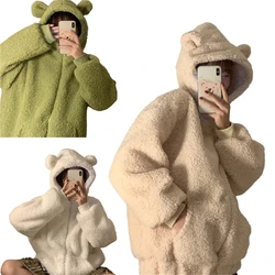 Women Bear Ear Hoodie Fleece Jacket Y2K Girls Solid Loose Faux Lamb Wool Long Sleeve Zipper Hooded Sweatshirt Coat with Pocket