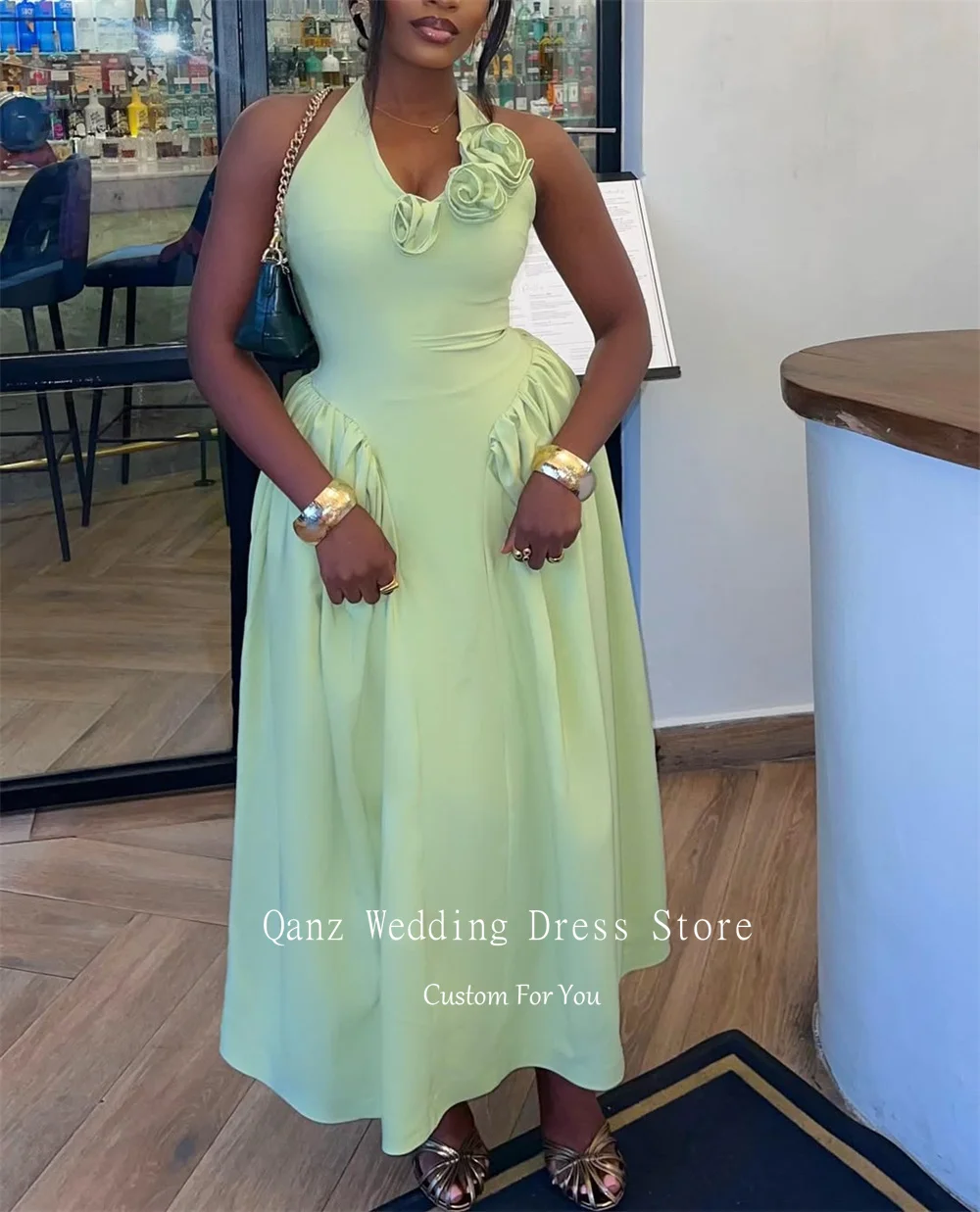 Qanz Mintgrünes Satin-Abschlussballkleid, Neckholder, knöchellang, formelles Abendkleid, Damen, Blumen, ärmellos, Roben de Soirée, individuell gestaltet