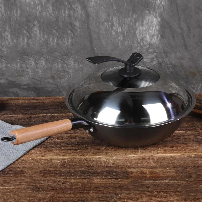 Iron Wok Pan with Lid 32cm Woks & Stir-Fry Pans No Chemical Coated Flat Bottom Chinese Woks Pan for Induction Electric Gas