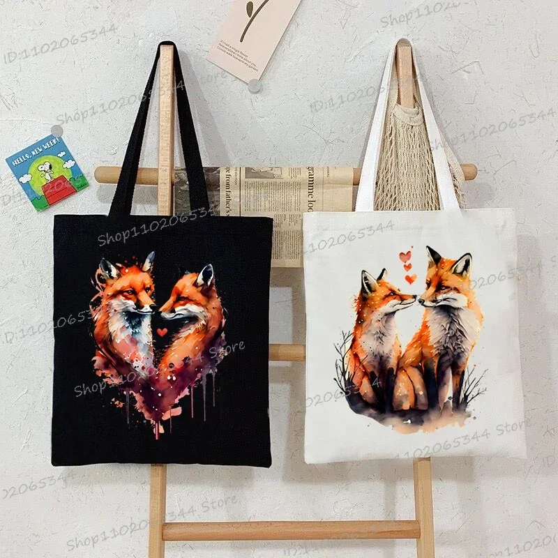 Fox Oil Painting Series Shoulder Bag Vintage Aesthetics Animal Women Tote Bag Students Fashion Cartoon Storage Books Canvas Bag