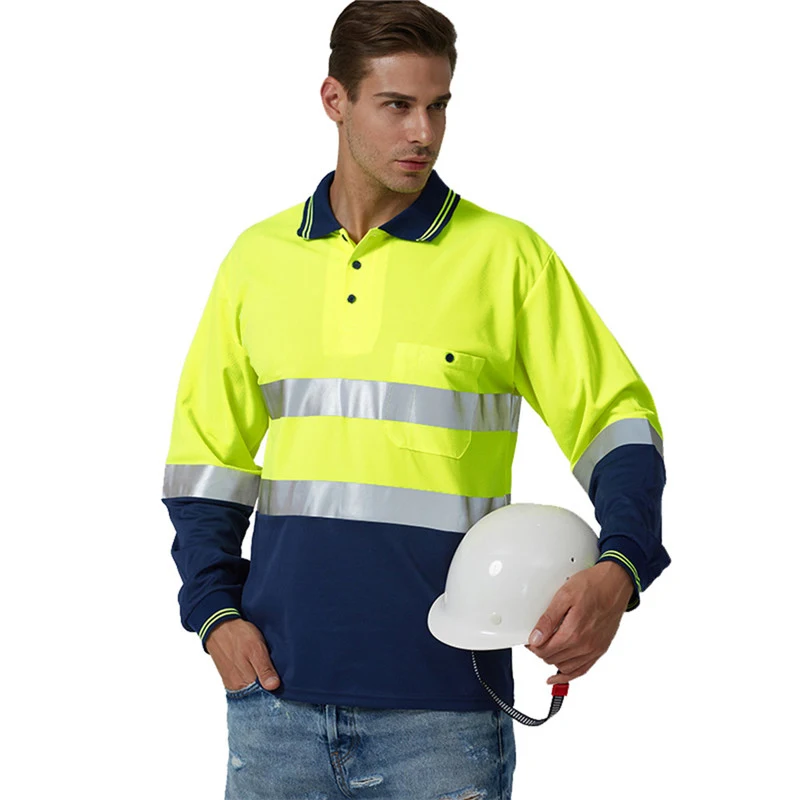 

Рубашка Hi Vis с длинным рукавом, безопасная рабочая футболка-поло с высокой видимостью, влагоотводящая ткань, светоотражающая футболка, рубашка поло