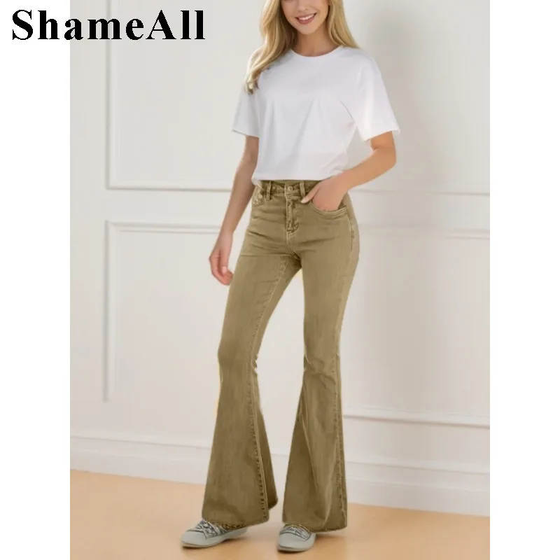 

Vintage Camel High Waist Raw Hem Flare Jeans Pockets Chic Flare Jeans