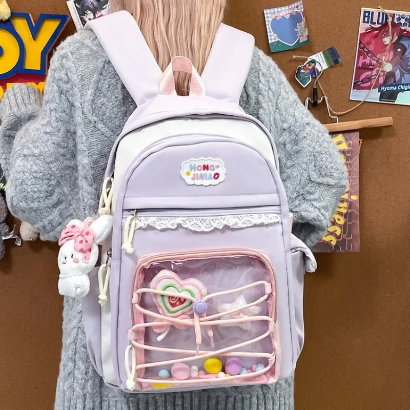 

HAEX Dopamine Women Backpacks 2025 Large Capacity Casual Nylon DIY Anime Badge Ita Bags Lace Cross Students Commute Bolso Mujer