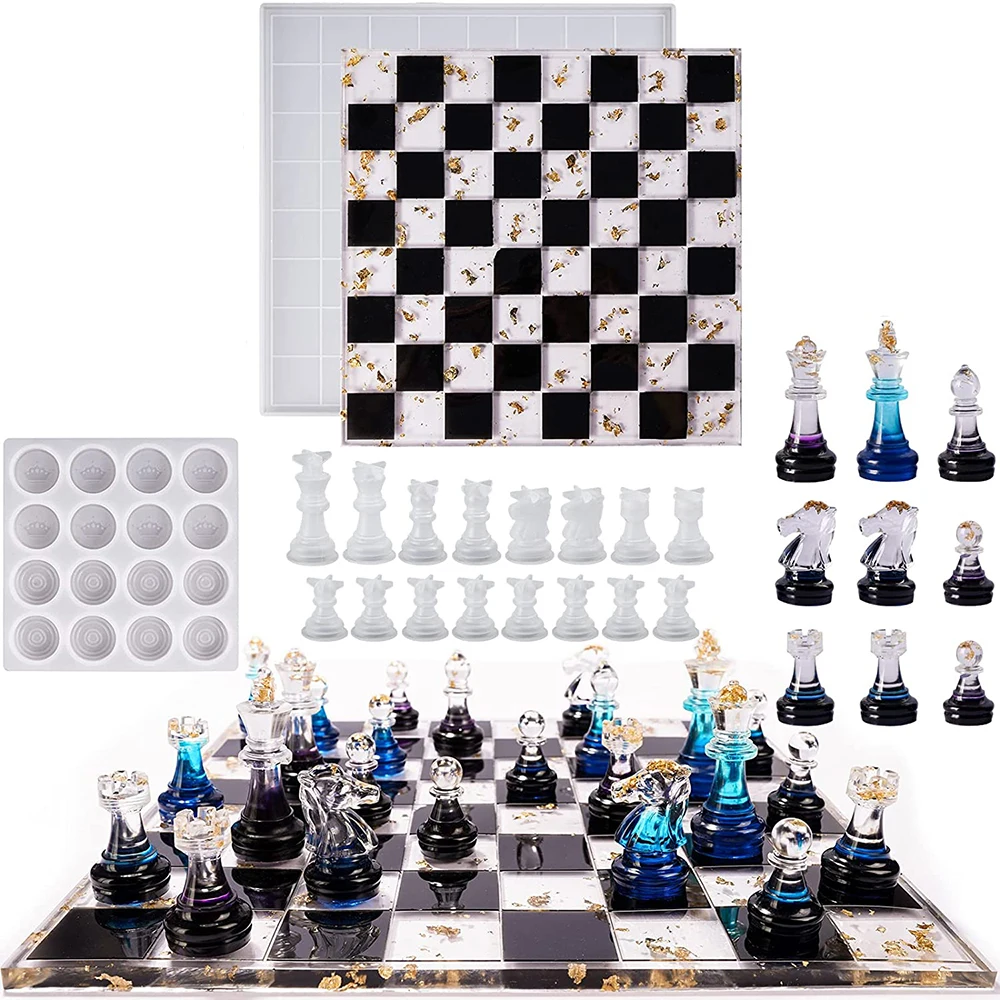 Chess Molds for Resin Casting, Upgraded Resin Chess Set Mold 3D Full Size Chess Checkers & Chess Board Epoxy Silicone Resin Mold