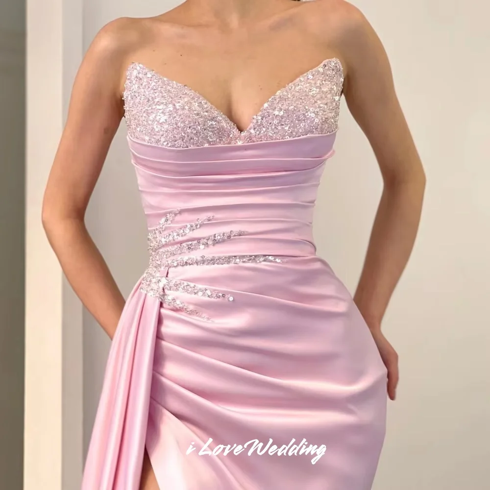 Pink V-Neck Evening Dresses 2025 Satin Sleeveless Sequin Mermaid Side Split Sweep Train Pleated Wedding Party Dresses Customized