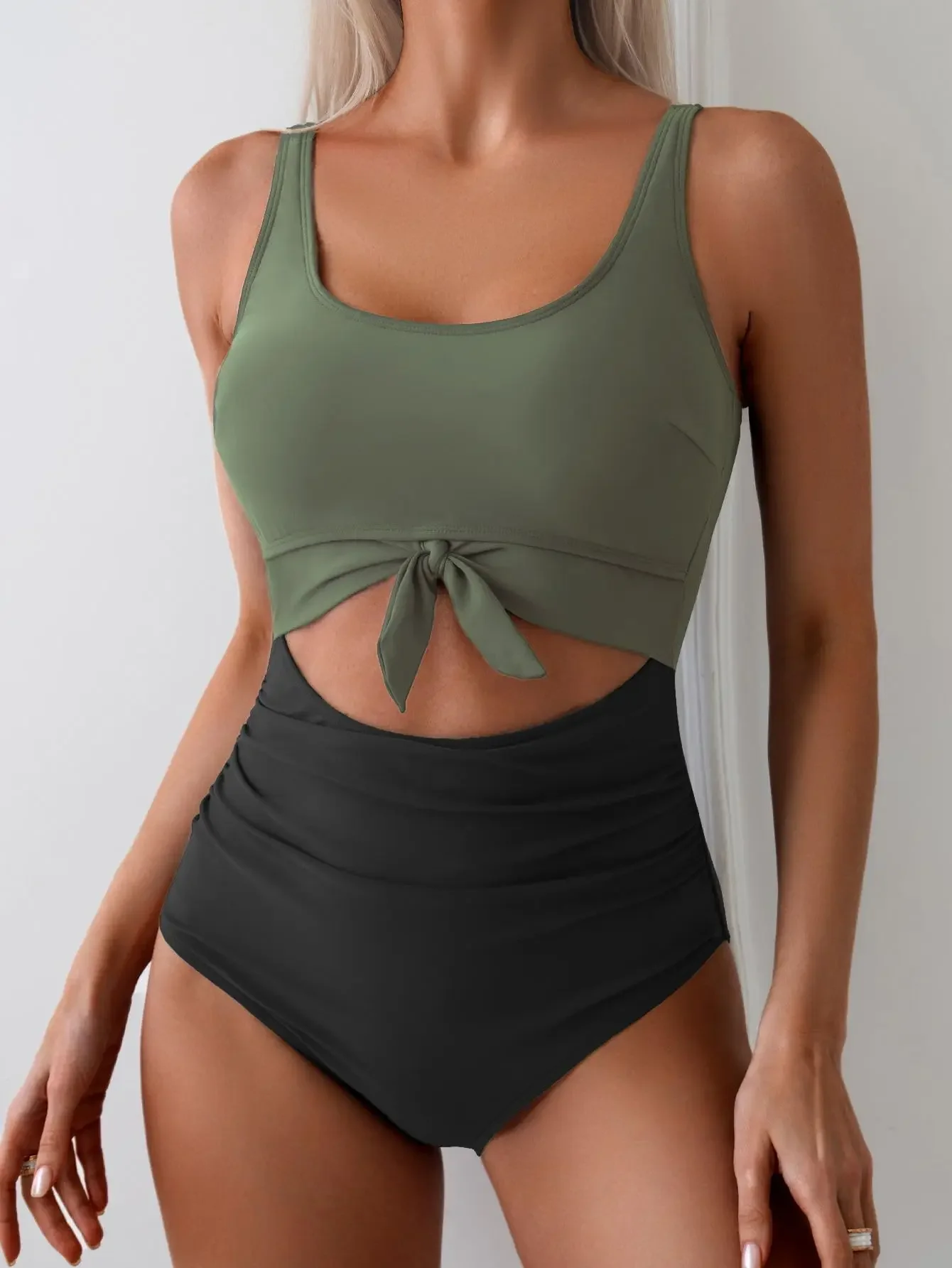 

Контрастный цвет, купальный костюм с высокой талией, женский цельный купальник с вырезами, женский купальник 2025 года, бикини с пуш-ап, пляжная одежда с высокими штанинами