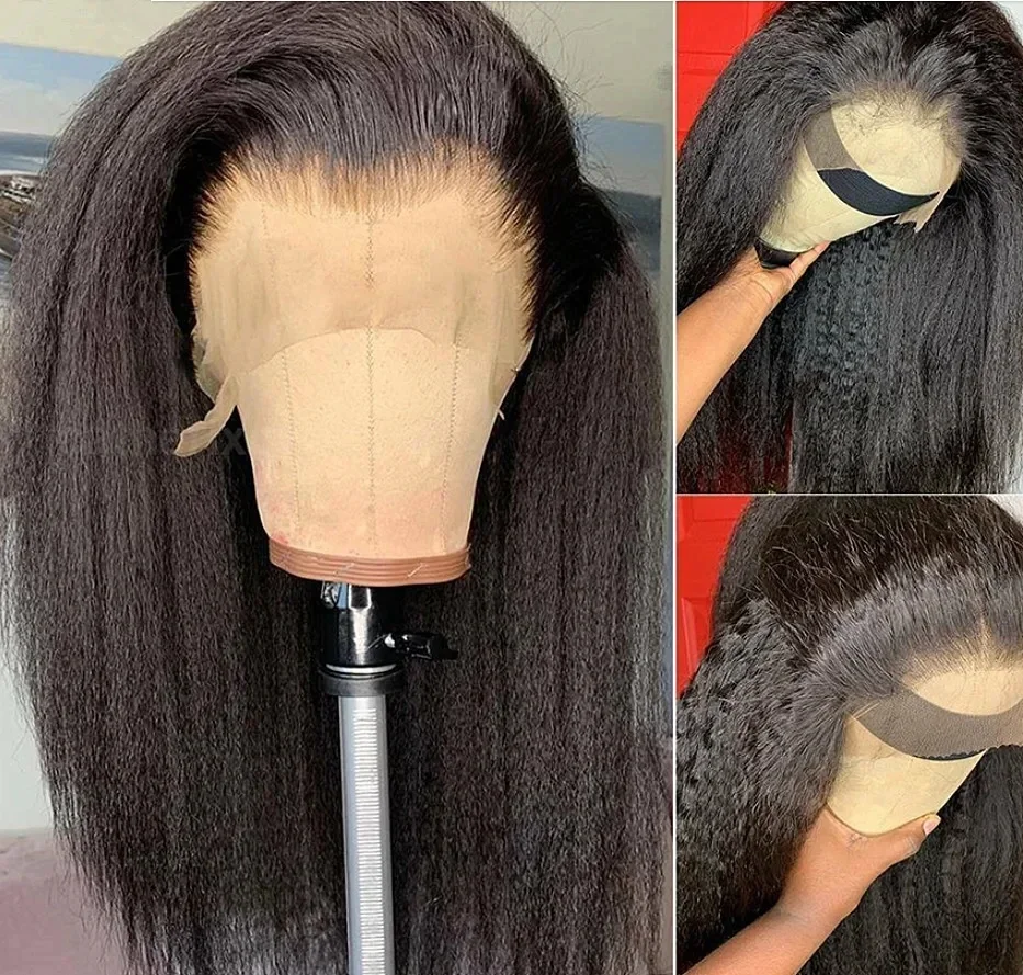 Prepluck lembut 26 inci ketebalan 180 alami hitam Glueless panjang Yaki keriting lurus renda depan Wig untuk wanita dengan rambut bayi harian