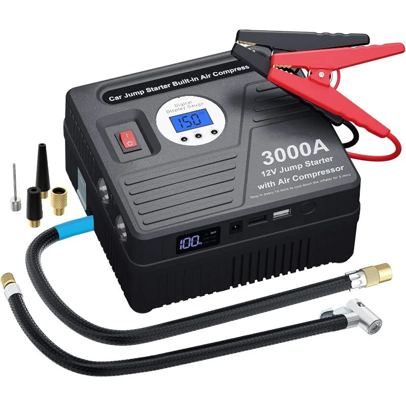 

Автомобильный стартер для дома, 3000 А с воздушным компрессором, накачиватель шин 150PSI с цифровым манометром экрана, 24000 мАч, 12 В, Auto Ba