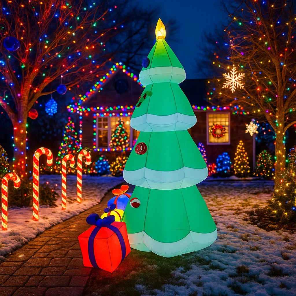 7.8FT زينة عيد الميلاد شجرة قابلة للنفخ مع صناديق الحاضر اللعب ساحة المنزل عيد الميلاد الحلي LED ديكور عيد الميلاد في الهواء الطلق